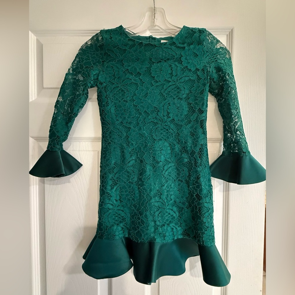 Charming Teal Lace Kids Dress with Flared Sleeves